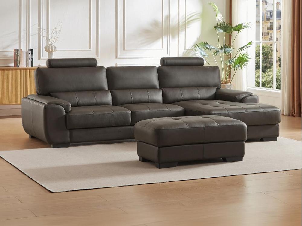 vente unique Canapé d'angle et pouf en cuir METROPOLITAN II - Marron - Angle droit