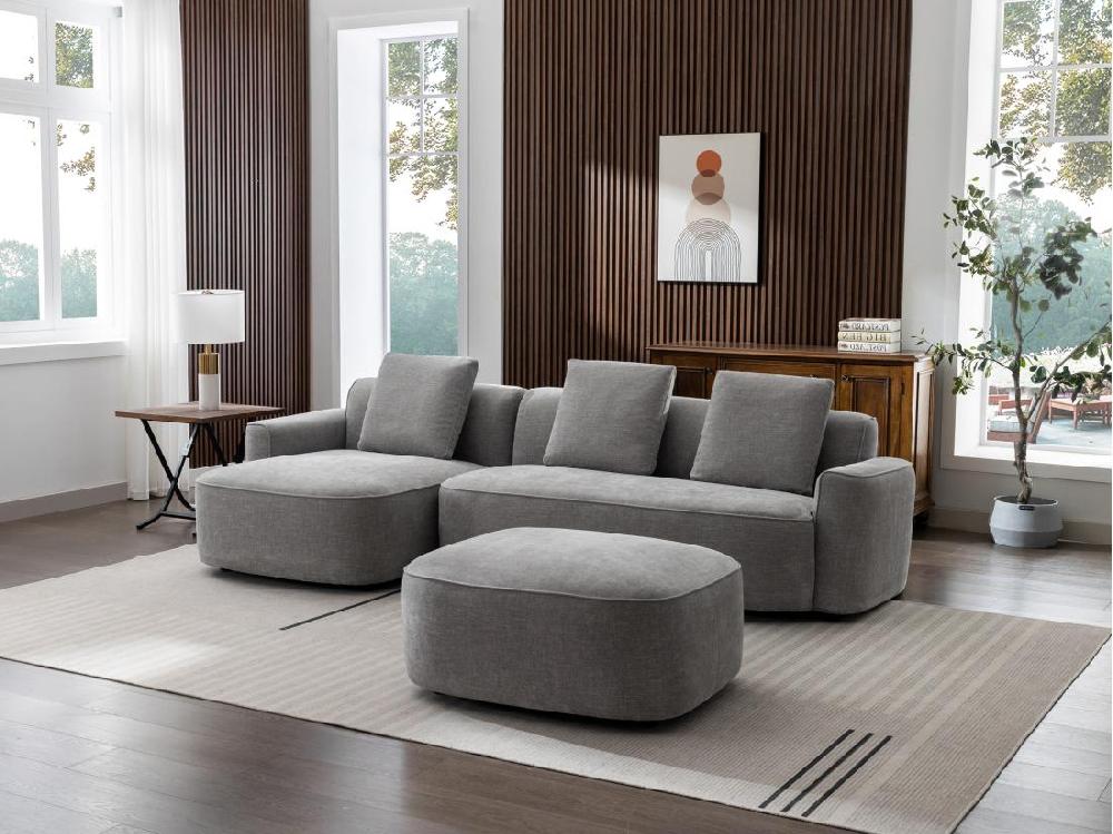 vente unique Canapé d'angle gauche et pouf en tissu texturé gris POMIANGO