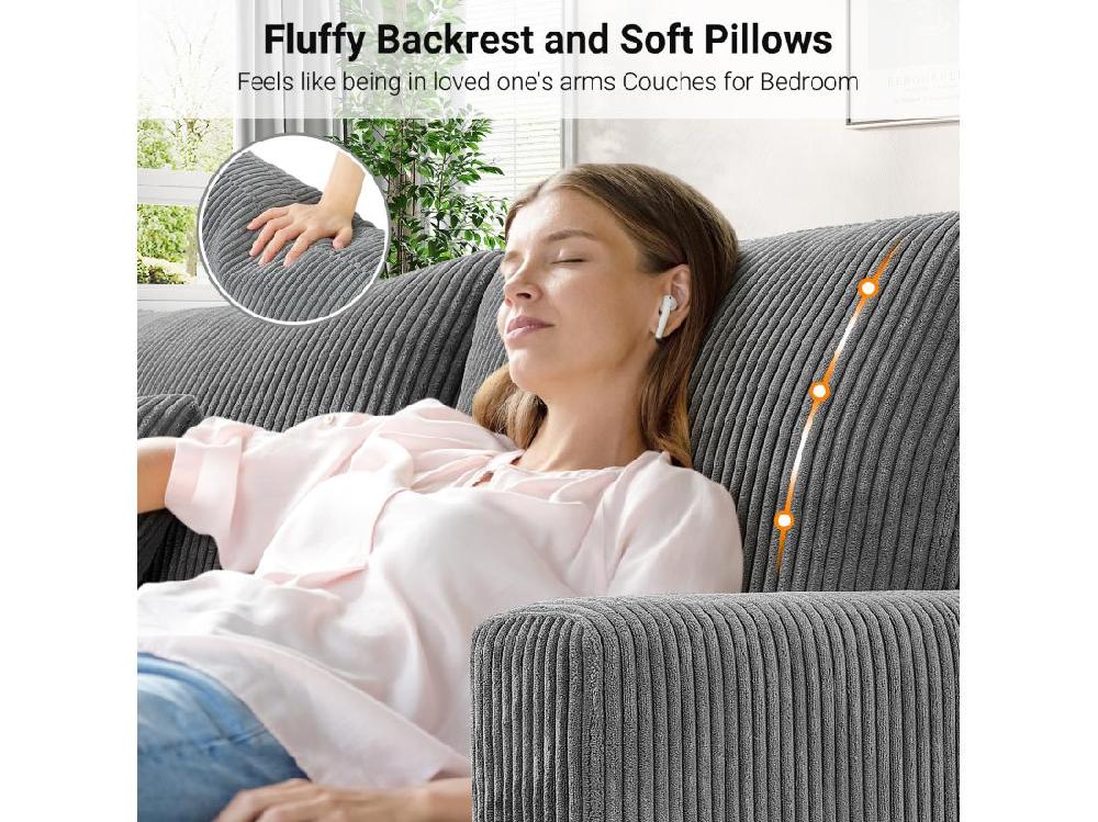 Vente Unique Canapé En Velours Côtelé 3 Places Grand Canapé Droit Rembourré Moderne Avec Sièges Extra Profonds De 53cm - 2 Coussins - 220x76x84cm - Gris