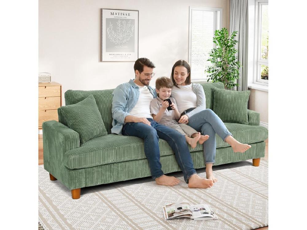 Vente Unique Canapé En Velours Côtelé 3 Places Grand Canapé Droit Rembourré Moderne Avec Sièges Extra Profonds De 53cm - 2 Coussins - 220x76x84cm - Vert