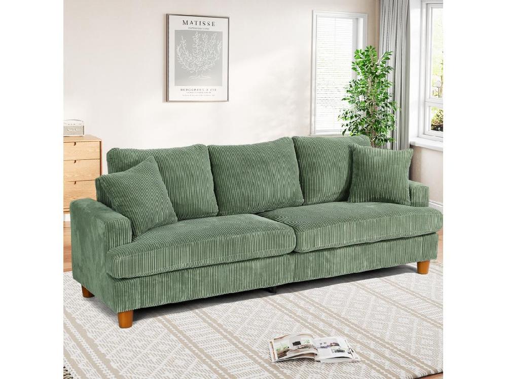 vente unique Canapé en Velours Côtelé 3 Places Grand Canapé Droit Rembourré Moderne avec Sièges extra profonds de 53cm - 2 Coussins - 220x76x84cm - Vert