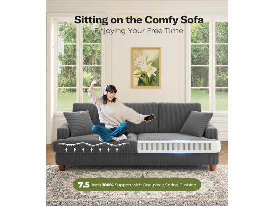 vente unique Canapé en Velours Côtelé 3 Places Grand Canapé Droit Rembourré Moderne avec Sièges extra profonds de 53cm - 2 Coussins - 220x76x84cm - Gris