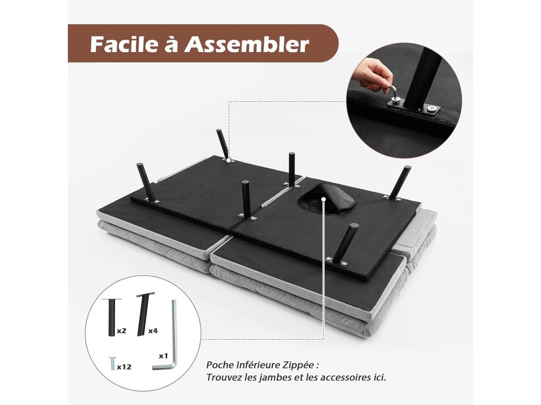 Vente Unique Canapé-Lit Convertible 5 En 1 Avec Dossier Et Accoudoirs Réglables Canapé Futon 3 Places En Mousse à Mémoire Pieds Métalliques Pour Petits Appartements Salon Bureau Charge 273 KG Gris