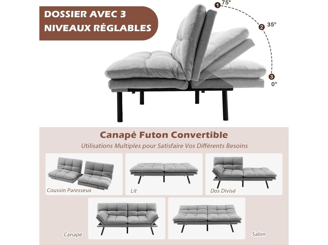vente unique Canapé-Lit Convertible 5 en 1 avec Dossier et Accoudoirs Réglables Canapé Futon 3 Places en Mousse à Mémoire Pieds Métalliques pour Petits Appartements Salon Bureau Charge 273 KG Gris