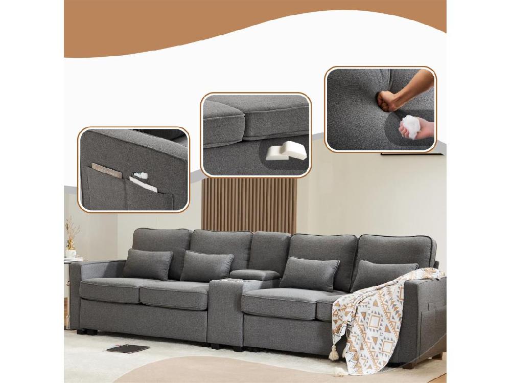 Vente Unique Canapé Moderne 4 Places En Tissu Lin - Avec Ports USB Et 2 Porte-gobelets - Gris
