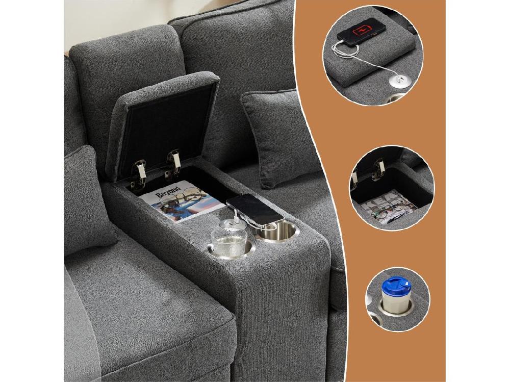 Vente Unique Canapé Moderne 4 Places En Tissu Lin - Avec Ports USB Et 2 Porte-gobelets - Gris