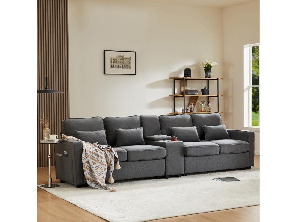 Vente Unique Canapé Moderne 4 Places En Tissu Lin - Avec Ports USB Et 2 Porte-gobelets - Gris