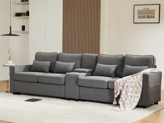 vente unique Canapé moderne 4 places en tissu lin - avec ports USB et 2 porte-gobelets - Gris