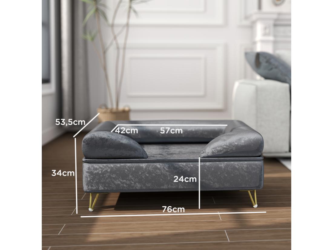 Vente Unique Canapé Pour Chien Design - Dim. 76L X 53 5l X 34H Cm - Piètement épingle Métal Doré Velours Gris