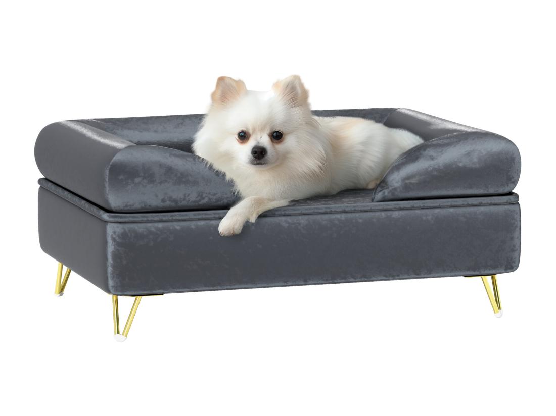 Vente Unique Canapé Pour Chien Design - Dim. 76L X 53 5l X 34H Cm - Piètement épingle Métal Doré Velours Gris