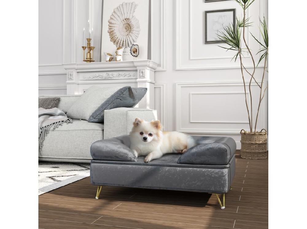vente unique Canapé pour chien design - dim. 76L x 53 5l x 34H cm - piètement épingle métal doré velours gris