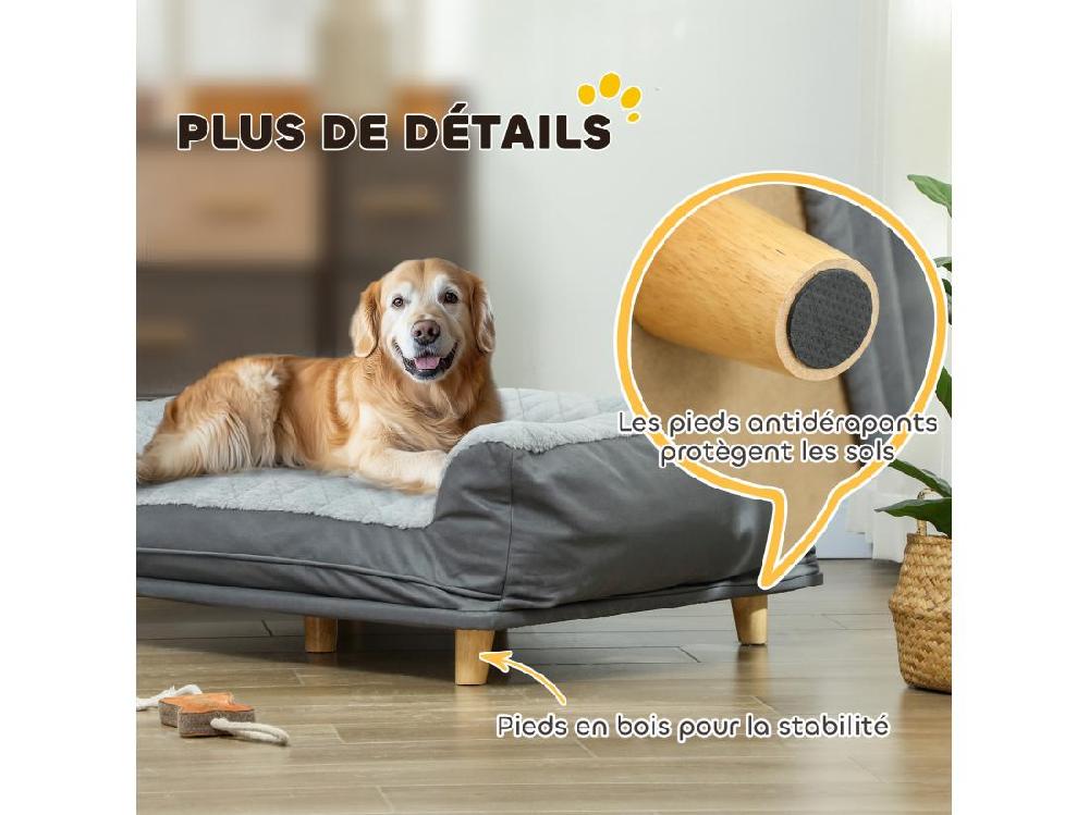 Vente Unique Canapé Pour Chien Grande Taille Dim. 100L X 70l X 30H Cm - Housse Zippée Lavable - Bois Polyester Gris