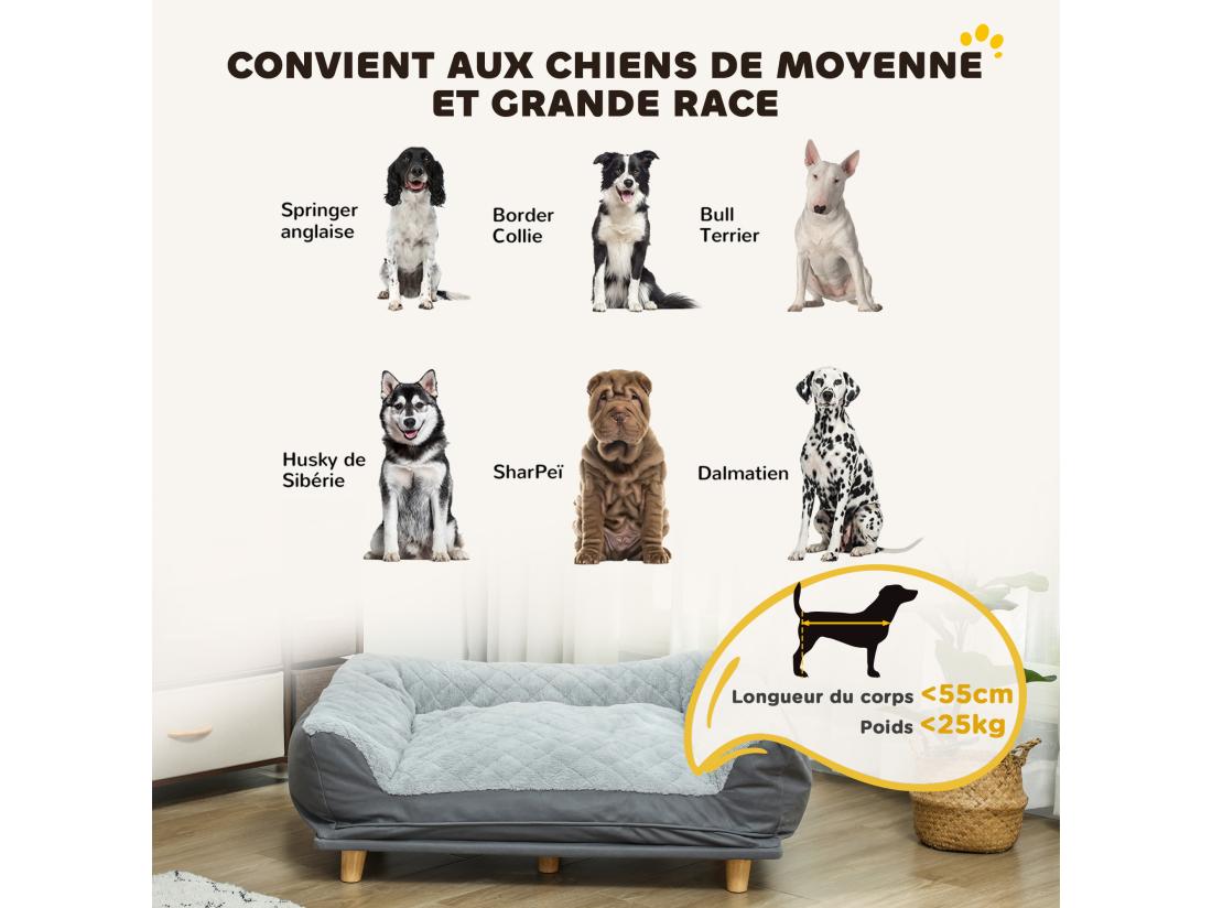 Vente Unique Canapé Pour Chien Grande Taille Dim. 100L X 70l X 30H Cm - Housse Zippée Lavable - Bois Polyester Gris