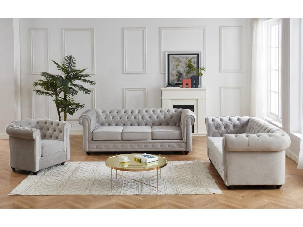 Vente Unique Canapés 3 Places 2 Places Et Un Fauteuil CHESTERFIELD - Velours Gris Clair