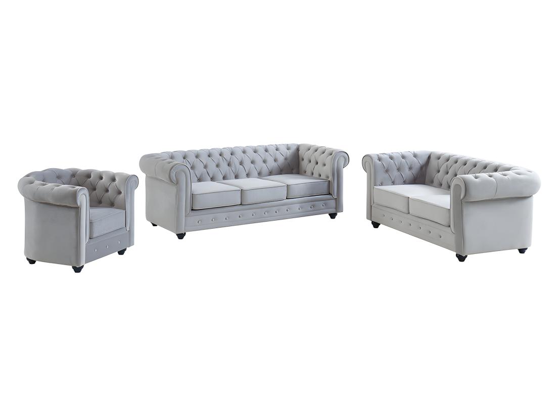 Vente Unique Canapés 3 Places 2 Places Et Un Fauteuil CHESTERFIELD - Velours Gris Clair