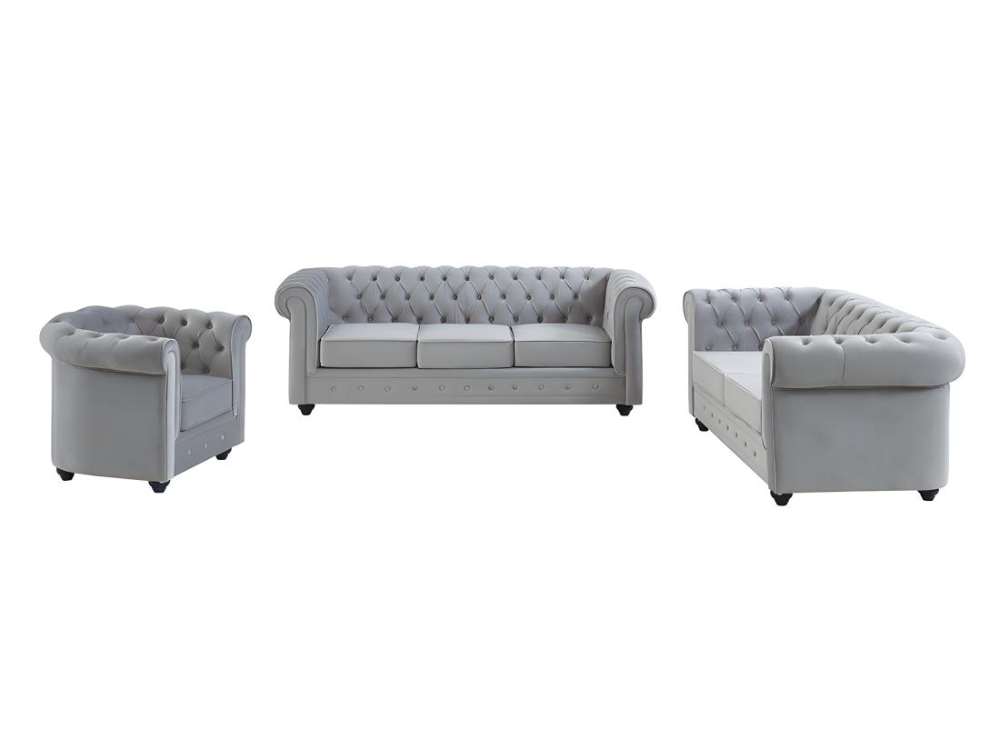 Vente Unique Canapés 3 Places 2 Places Et Un Fauteuil CHESTERFIELD - Velours Gris Clair