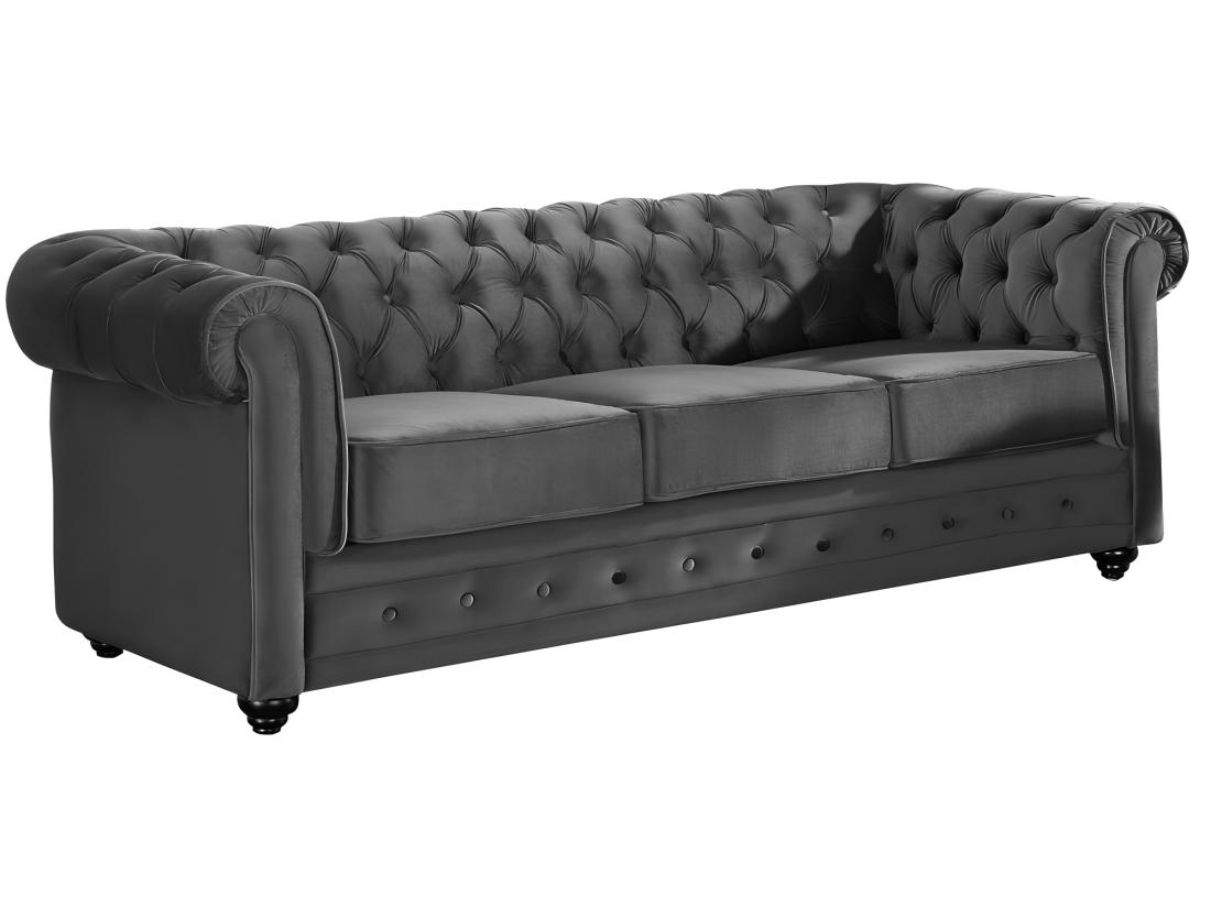 Vente Unique Canapés 3 Places Et 2 Places Et Fauteuil En Velours Anthracite CHESTERFIELD