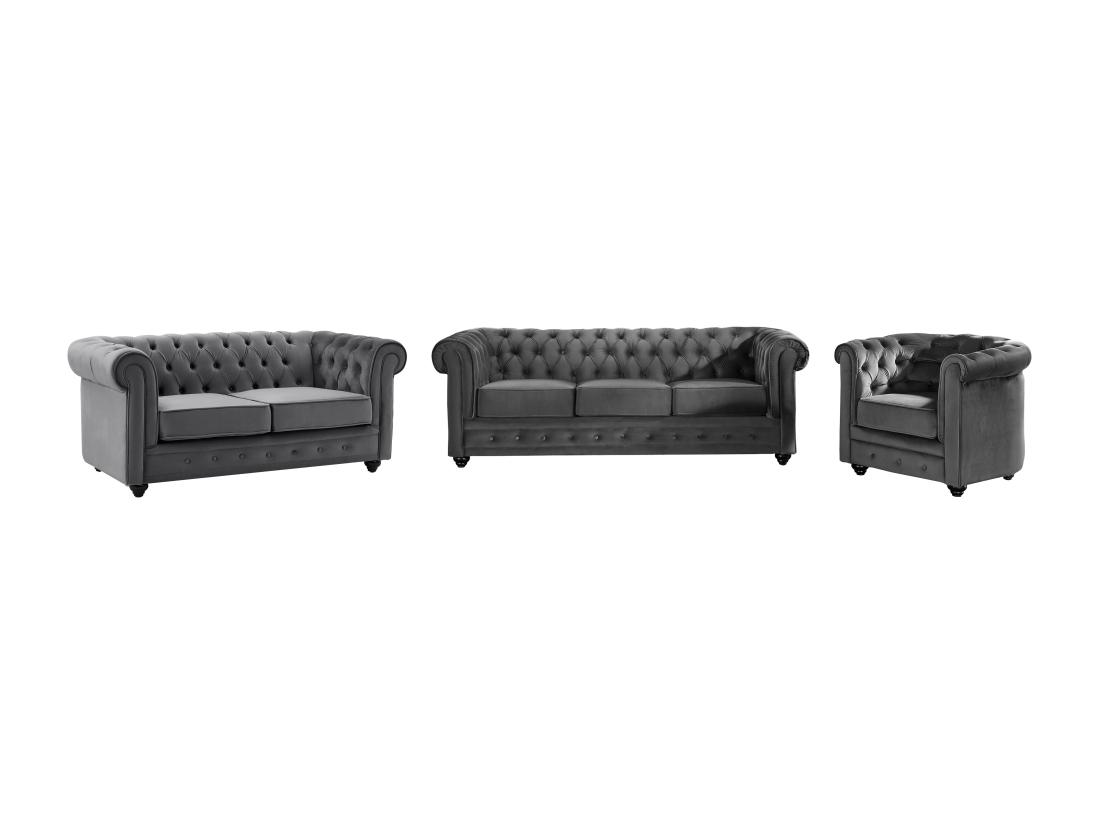 vente unique Canapés 3 places et 2 places et fauteuil en velours anthracite CHESTERFIELD