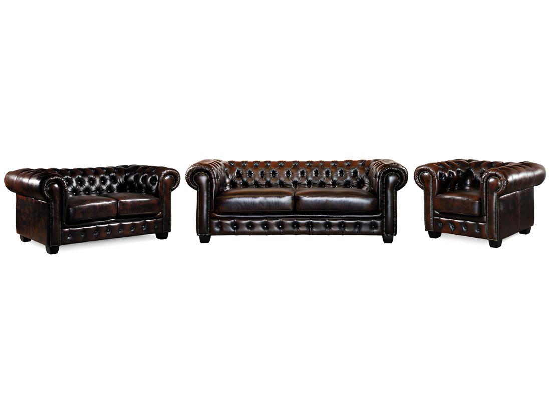 vente unique Canapés chesterfield 3 places 2 places et un fauteuil BRENTON 100% cuir de buffle - Marron reflets châtains
