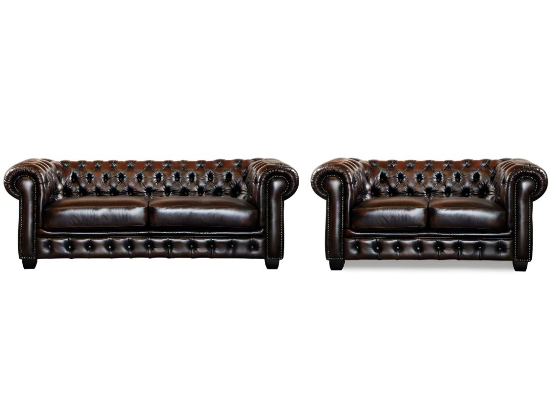 Vente Unique Canapés Chesterfield 3 Places Et 2 Places BRENTON 100% Cuir De Buffle - Marron Reflets Châtains