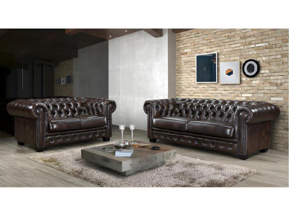 vente unique Canapés chesterfield 3 places et 2 places BRENTON 100% cuir de buffle - Marron reflets châtains