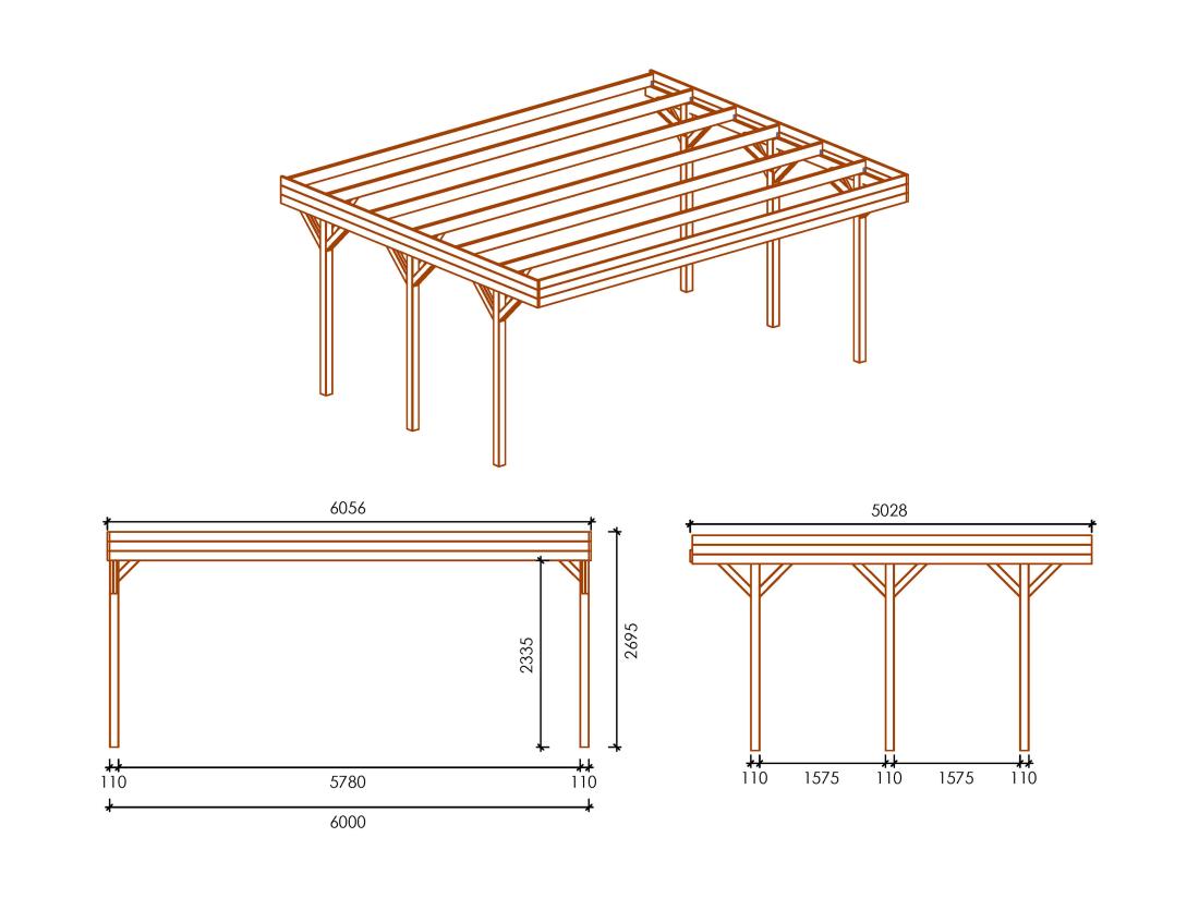 Vente Unique Carport Pergola Double Autoporté En Bois Traité - 2 Voitures - 30 M² - ARIANE