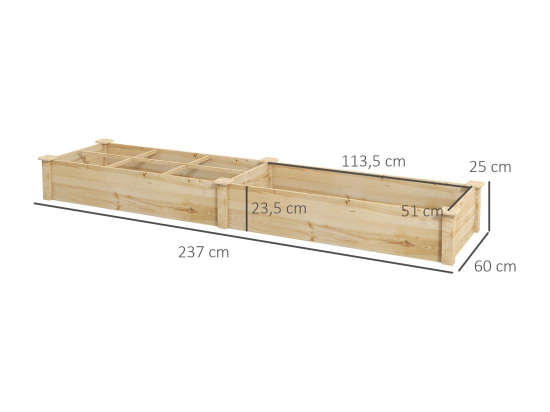 Vente Unique Carré Potager De Jardin Dim. 237L X 60l X 25H Cm Séparations Incluses Bois De Sapin