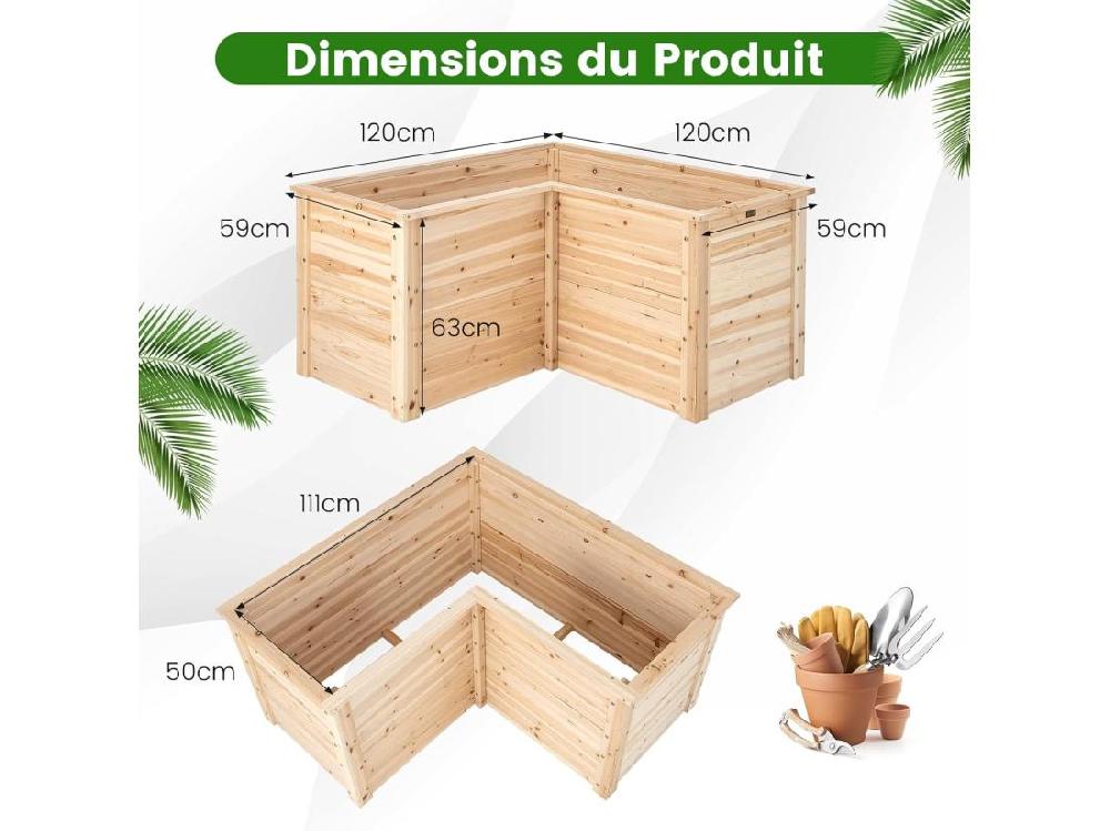 Vente Unique Carré Potager Jardinière En Bois De SaBois Base Ouverte En L Jardinière Surélevée Pour Légumes Fruits Pour Jardin Cour Pelouse 120 X 120 X 62 Cm