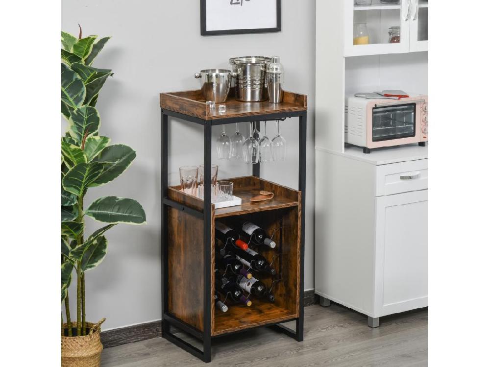 Vente Unique Casier à Vin Design Industriel étagère à Bouteilles 9 Bouteilles Support Verres à Vin Intégré Métal Noir Aspect Vieux Bois Veinage