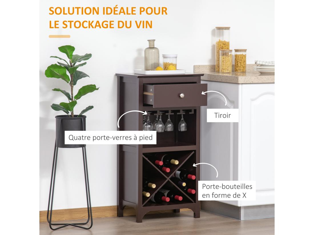 vente unique Casier à vin design industriel étagère à bouteilles 12 bouteilles support verres à vin intégré MDF brun foncé