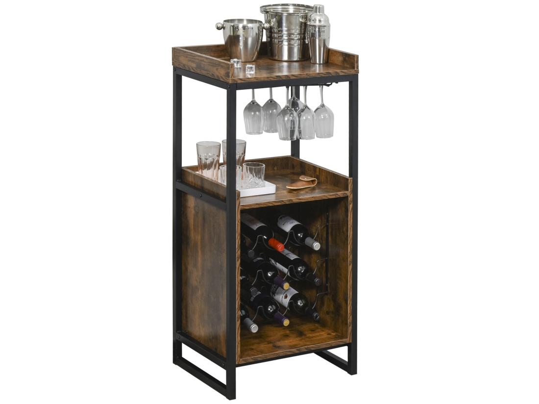 vente unique Casier à vin design industriel étagère à bouteilles 9 bouteilles support verres à vin intégré métal noir aspect vieux bois veinage