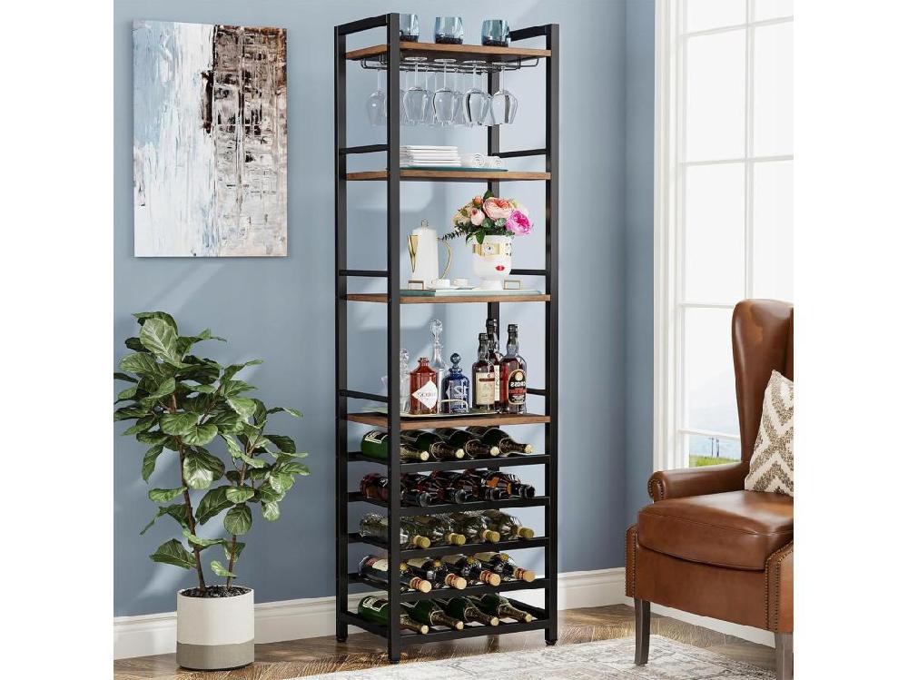 Vente Unique Casier à Vin Étagère à Bouteilles Autonome à 9 étages Avec Support En Verre Et étagères De Rangement Casier à Vin Bouteilles Marron Rustique