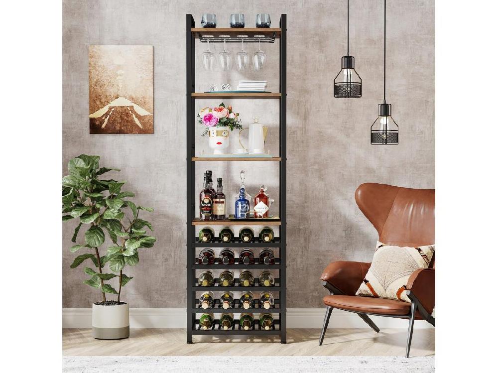 Vente Unique Casier à Vin Étagère à Bouteilles Autonome à 9 étages Avec Support En Verre Et étagères De Rangement Casier à Vin Bouteilles Marron Rustique