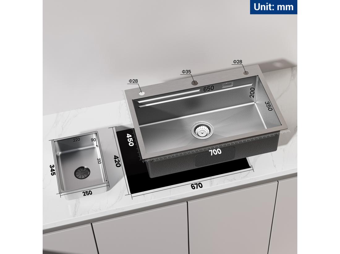 Vente Unique Cecipa Max Évier 1 Bac 70×45CM Évier Inox Argent Avec Egouttoir + Vasque + Distributeur De Savon (Montage Sur Le Dessus/Montage à Plat) EU Modèle