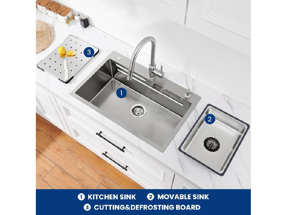 vente unique Cecipa max Évier 1 Bac 70×45CM Évier Inox Argent avec Egouttoir + Vasque + Distributeur de Savon (Montage sur le Dessus/Montage à Plat) EU Modèle