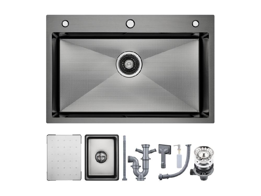 Vente Unique Cecipa Max Évier 1 Bac 70×45CM Évier Inox Noir Avec Egouttoir + Vasque + Distributeur De Savon (Montage Sur Le Dessus/Montage à Plat) EU Modèle