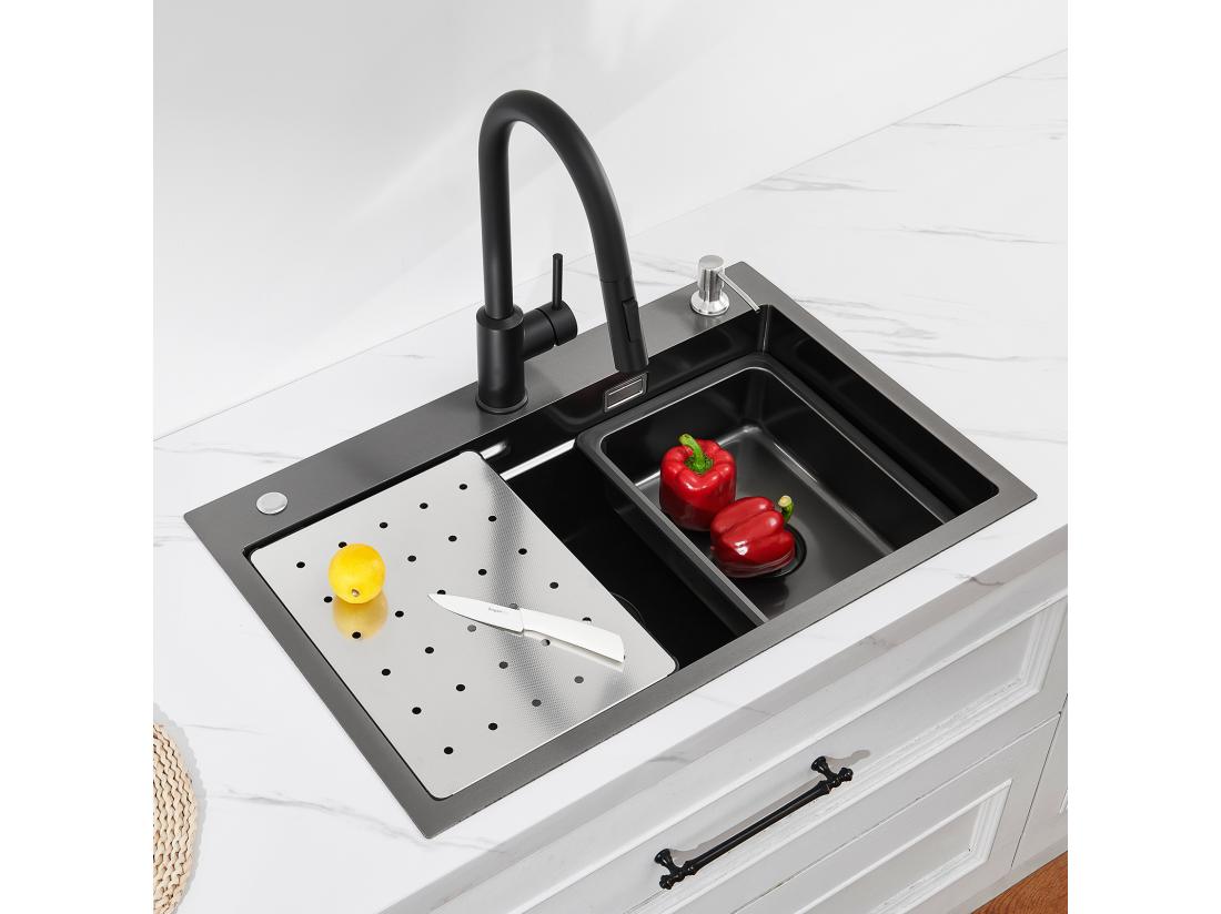 Vente Unique Cecipa Max Évier 1 Bac 70×45CM Évier Inox Noir Avec Egouttoir + Vasque + Distributeur De Savon (Montage Sur Le Dessus/Montage à Plat) EU Modèle