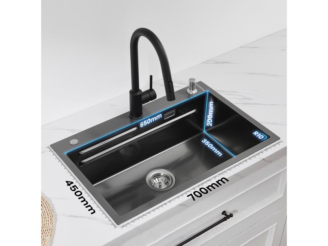 Vente Unique Cecipa Max Évier 1 Bac 70×45CM Évier Inox Noir Avec Egouttoir + Vasque + Distributeur De Savon (Montage Sur Le Dessus/Montage à Plat) EU Modèle