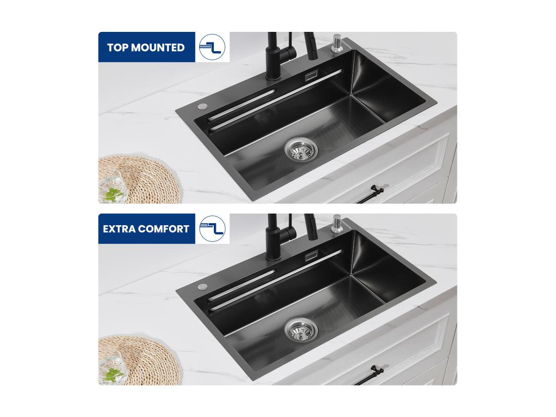 vente unique Cecipa max Évier 1 Bac 70×45CM Évier Inox Noir avec Egouttoir + Vasque + Distributeur de Savon (Montage sur le Dessus/Montage à Plat) EU Modèle