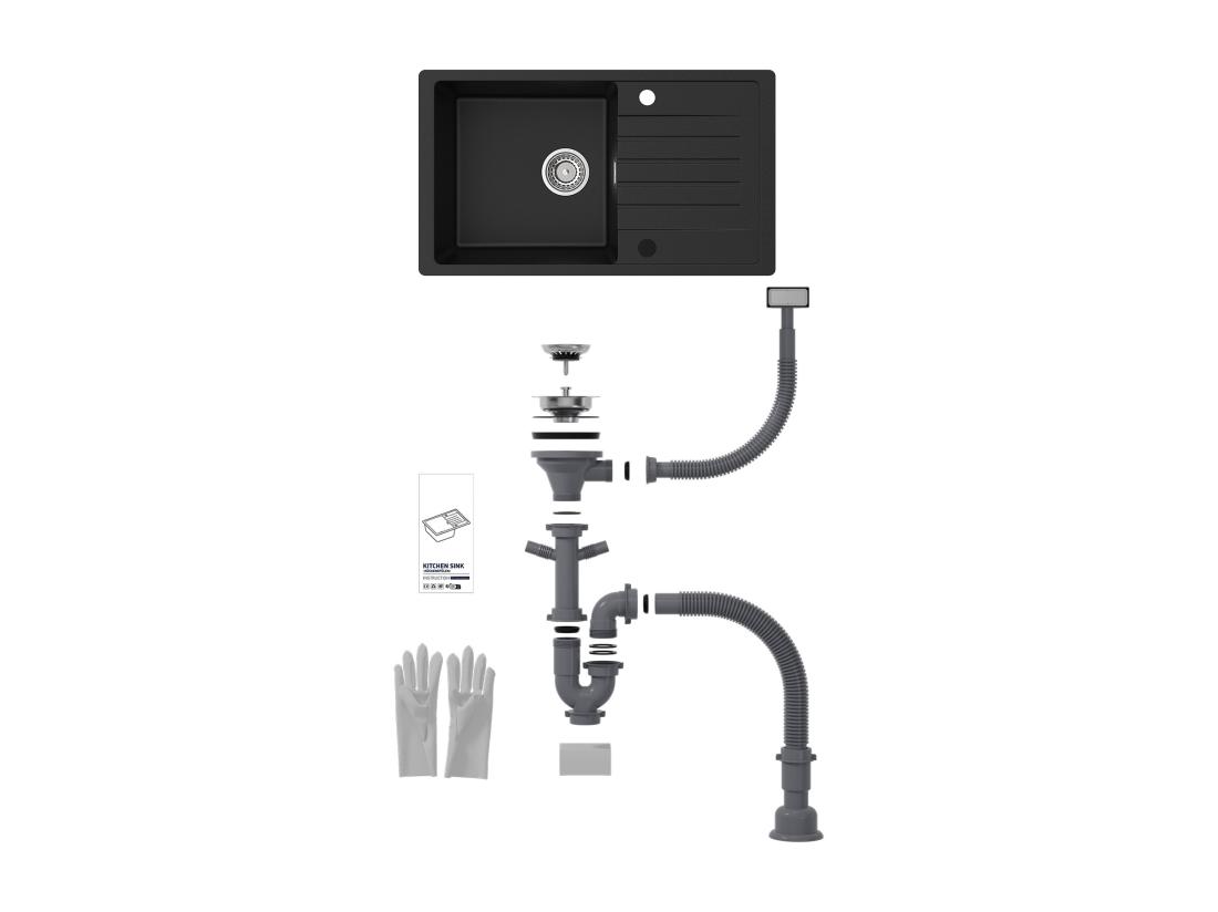 Vente Unique Cecipa Max Evier 1 Bac 78x45cm Avec égouttoir - Evier à Encastrer Quartz Et Résine - Evier De Cuisine Avec étagère Noir EU Modèle