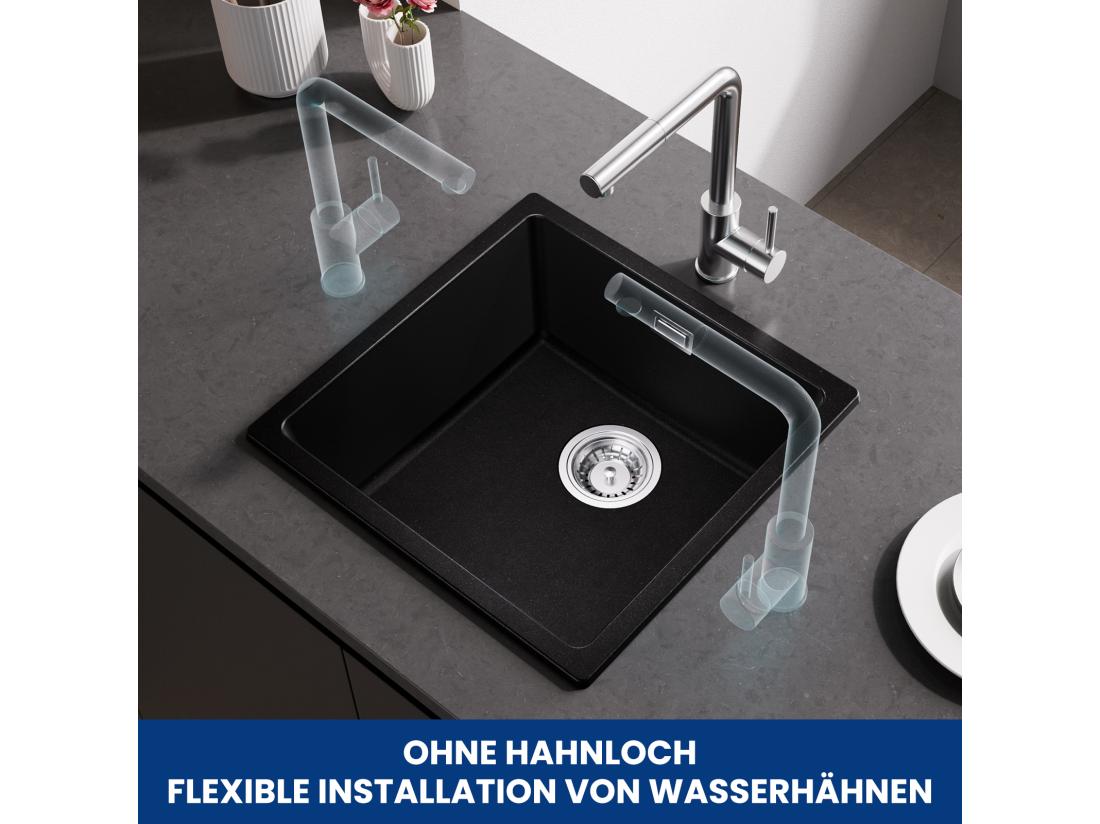 Vente Unique CECIPA MAX Evier 1 Bac En Quartz Et Résine Evier De Cuisine En Granit Noir Gris Evier Quartz 3 Options De Montage 45*44*20cm
