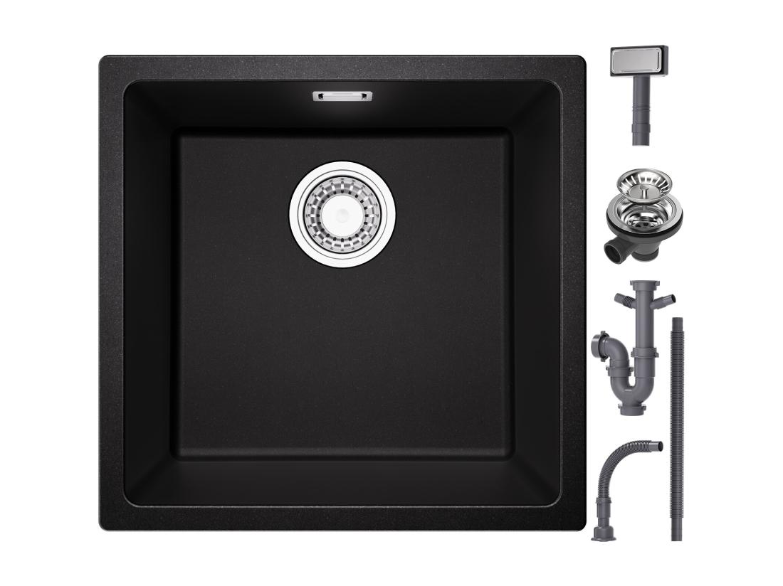 Vente Unique CECIPA MAX Evier 1 Bac En Quartz Et Résine Evier De Cuisine En Granit Noir Gris Evier Quartz 3 Options De Montage 45*44*20cm