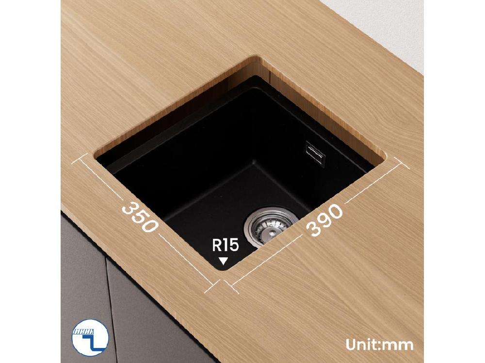 Vente Unique CECIPA MAX Evier 1 Bac En Quartz Et Résine Evier De Cuisine En Granit Noir Gris Evier Quartz 3 Options De Montage 40*44*20cm