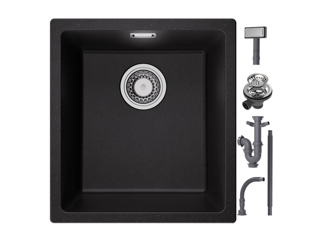 Vente Unique CECIPA MAX Evier 1 Bac En Quartz Et Résine Evier De Cuisine En Granit Noir Gris Evier Quartz 3 Options De Montage 40*44*20cm
