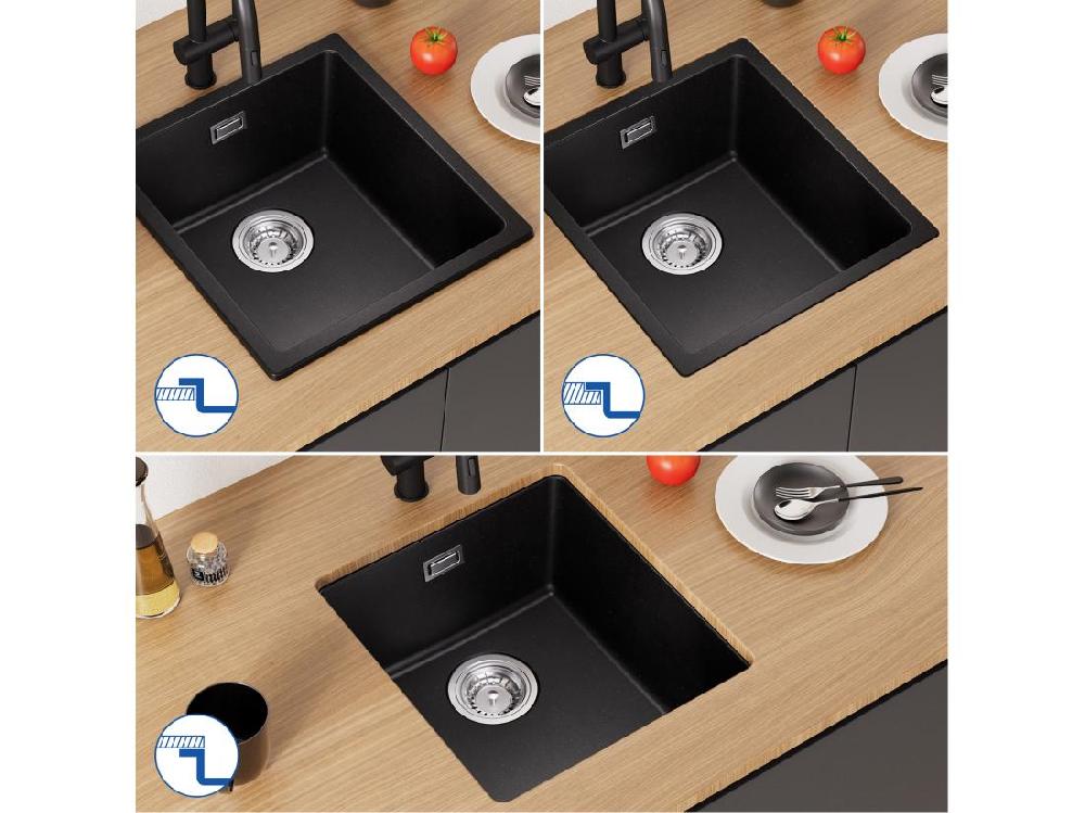 vente unique CECIPA MAX Evier 1 Bac en Quartz et Résine Evier de Cuisine en Granit Noir Gris Evier Quartz 3 Options de Montage 40*44*20cm