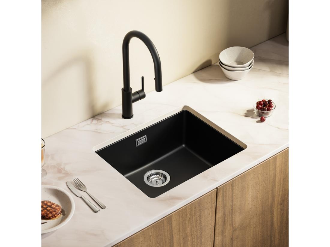 Vente Unique CECIPA MAX Evier 1 Bac En Quartz Et Résine Evier De Cuisine En Granit Noir Gris Evier Quartz 3 Options De Montage 55*44*20cm