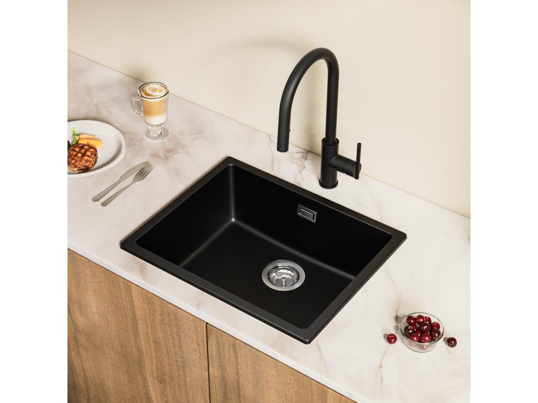 vente unique CECIPA MAX Evier 1 Bac en Quartz et Résine Evier de Cuisine en Granit Noir Gris Evier Quartz 3 Options de Montage 55*44*20cm