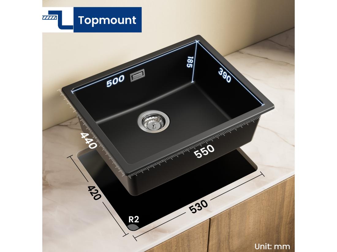 Vente Unique CECIPA MAX Evier 1 Bac En Quartz Et Résine Evier De Cuisine En Granit Noir Gris Evier Quartz 3 Options De Montage 55*44*20cm