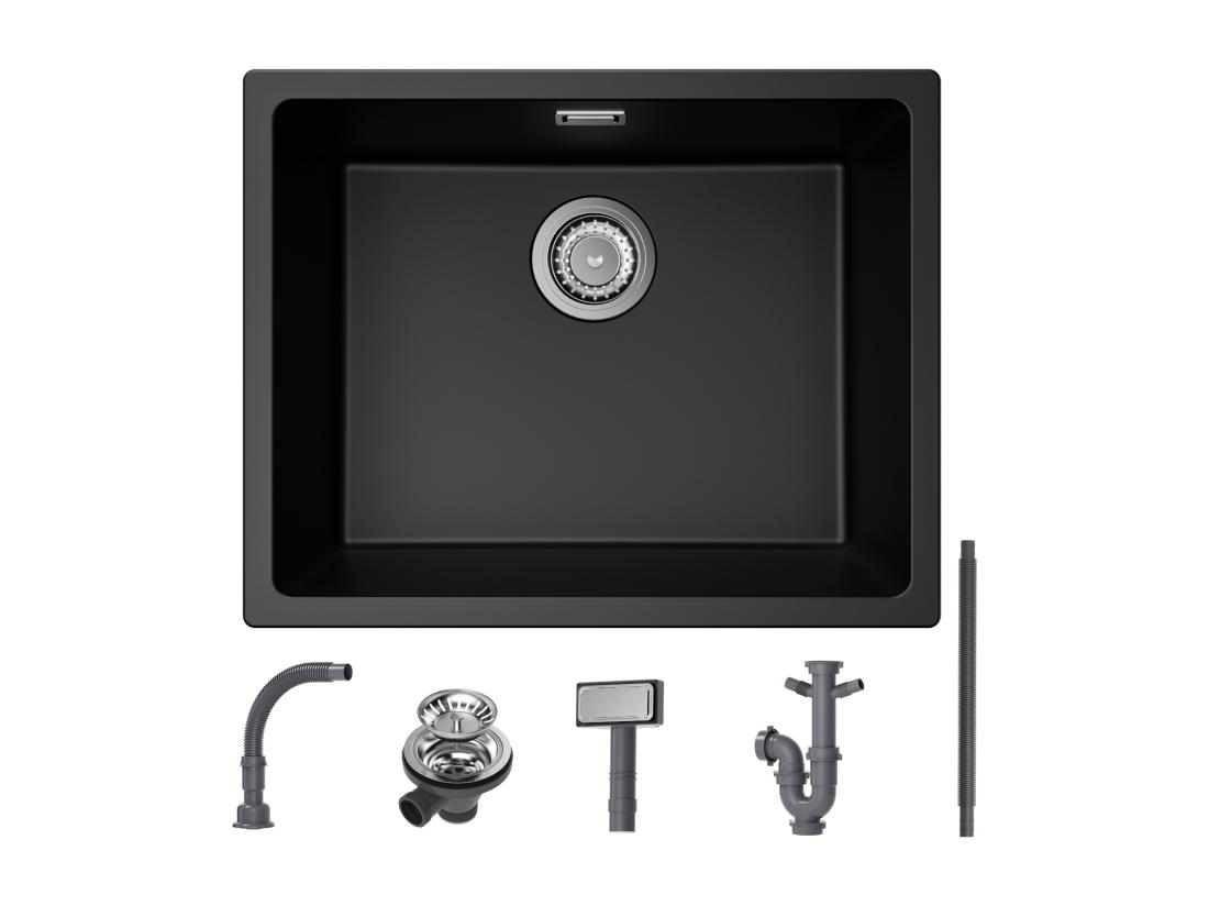 Vente Unique CECIPA MAX Evier 1 Bac En Quartz Et Résine Evier De Cuisine En Granit Noir Gris Evier Quartz 3 Options De Montage 55*44*20cm