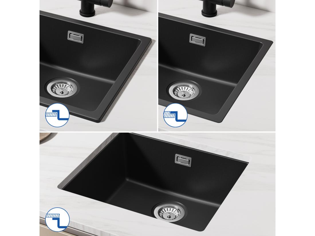 Vente Unique CECIPA MAX Evier 1 Bac En Quartz Et Résine Noir Gris 50*44*20cm + Mitigeur De Cuisine à Ressort Noir Avec Douchette Extractible